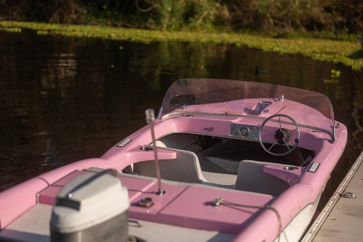 Pink motorboat docked on a calm lake with greenery in the background.