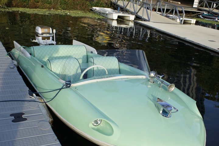 a boat parked on the side of a building