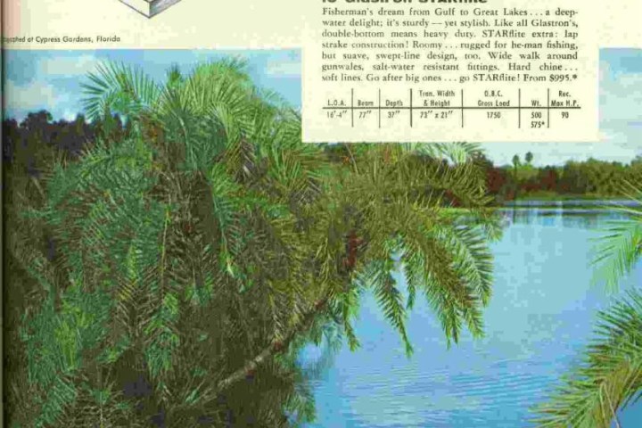 Vintage 1960 boat ad with red and white motorboat on water, palm trees, and family enjoying the ride.